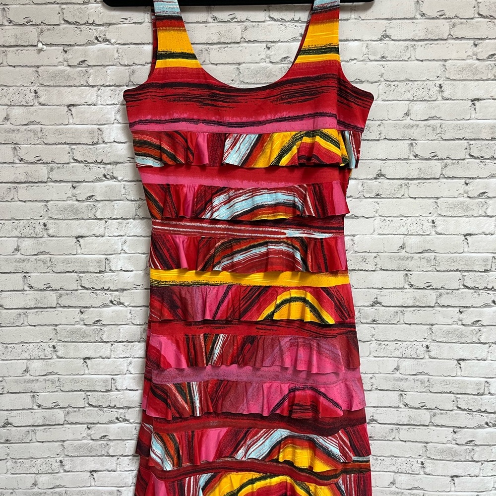 Vibrant Red and Yellow Scoop Neck Bodycon Mini Dress